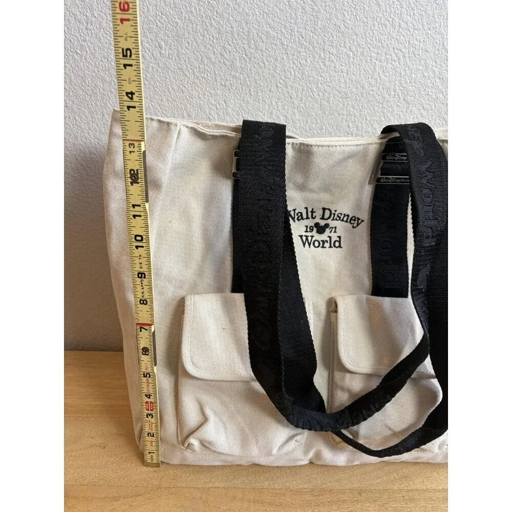 Disney Parks Walt Disney World 1971 Canvas Tote Bag Cream Pockets Black Straps